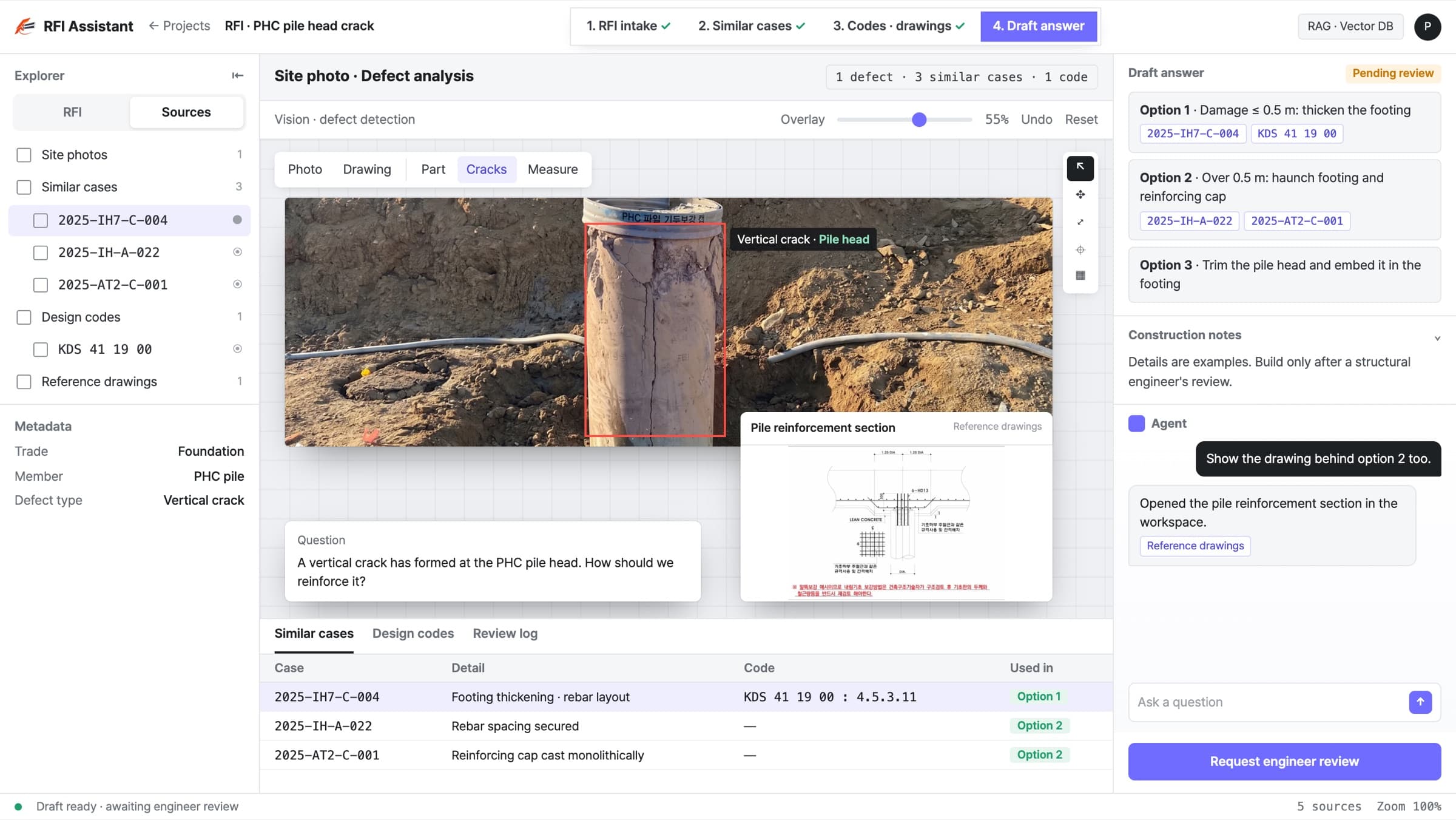 A site photo of a cracked foundation pile with an AI-drafted reinforcement answer