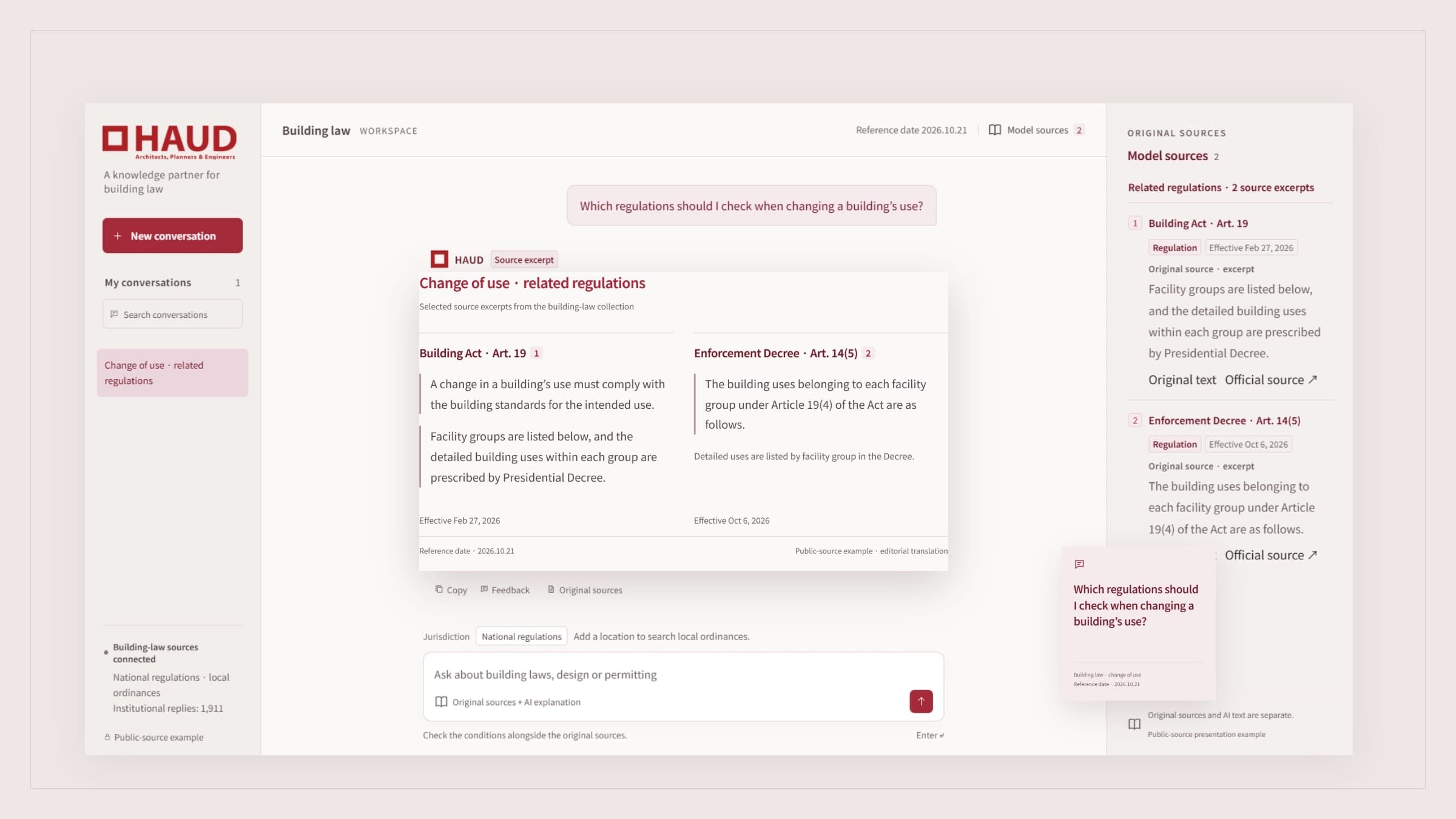 A public change-of-use example in the building-law assistant, using the deployed HAUD layout, logo and related regulation excerpts