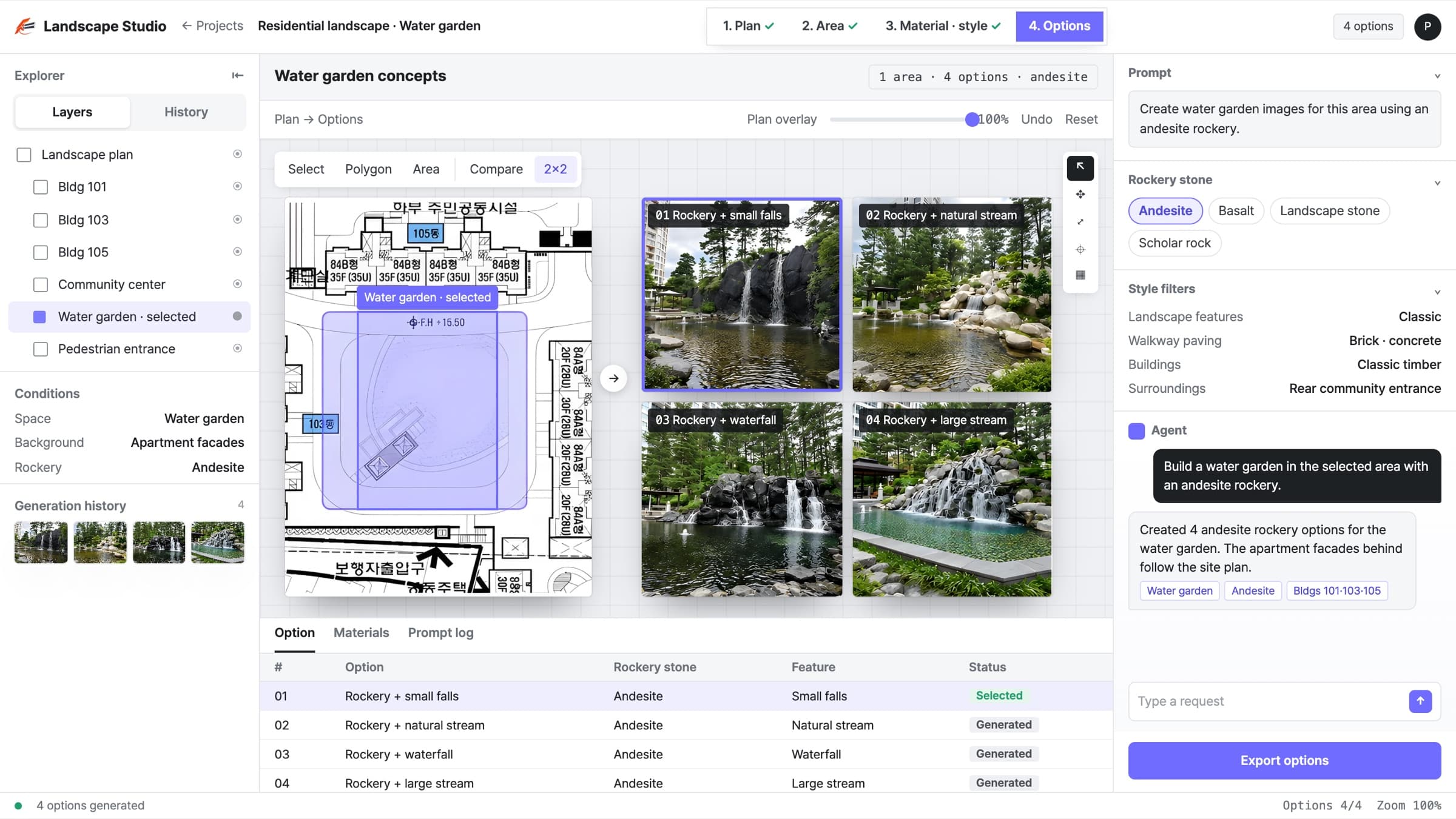 Four waterside landscape options generated from a selected area on a landscape plan and a prompt