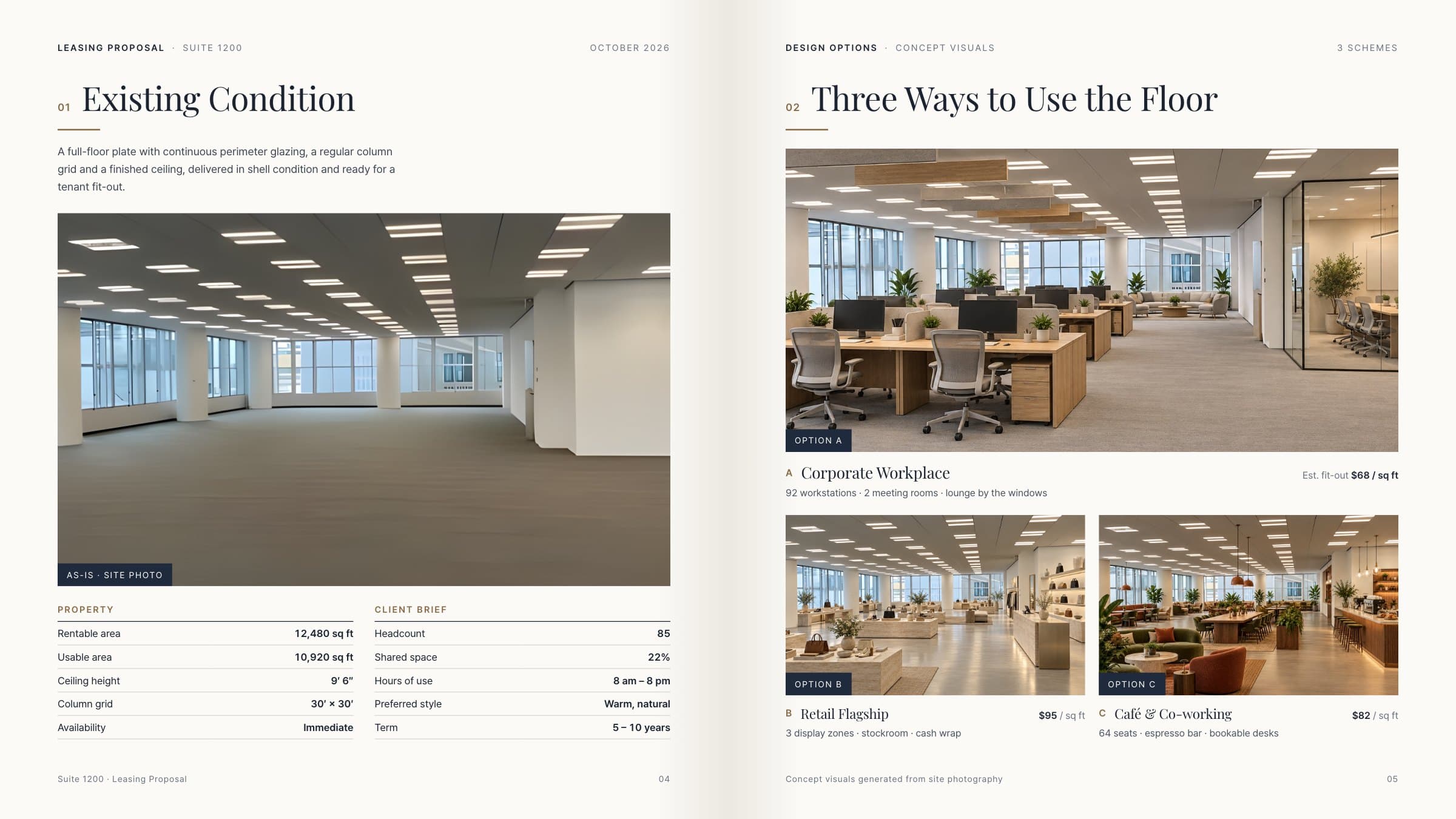 Leasing proposal spread: a photo of the empty floor and three generated concepts (office, retail, café)