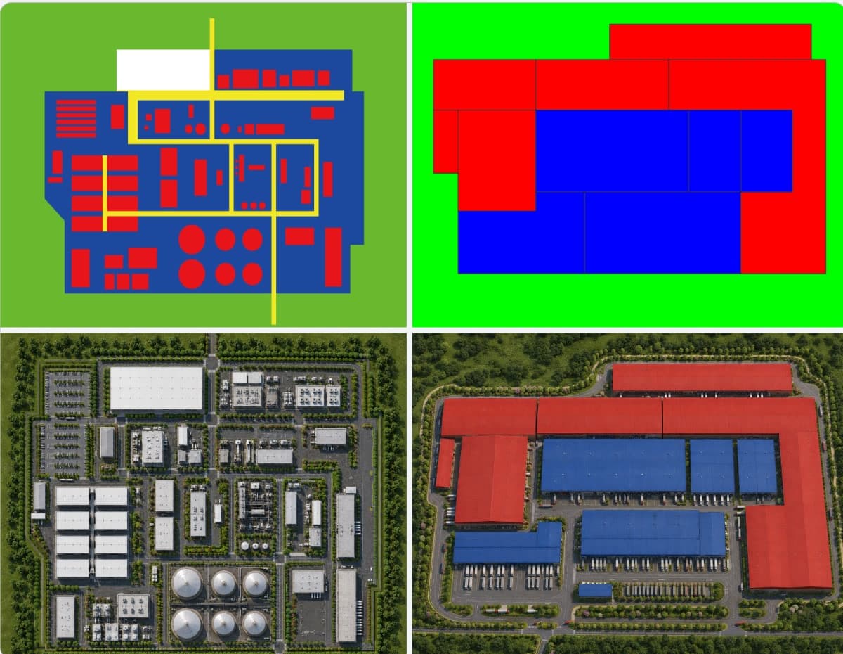 Plant layout color-coded by section, next to the photorealistic aerial rendering generated from it