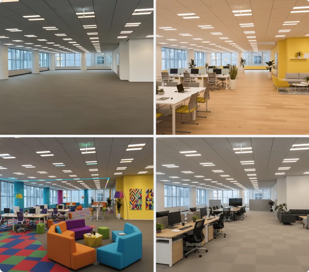 Photo of an empty office beside generated designs in three styles