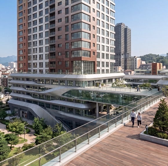 보행 데크에서 본 공동주택 저층부 투시도