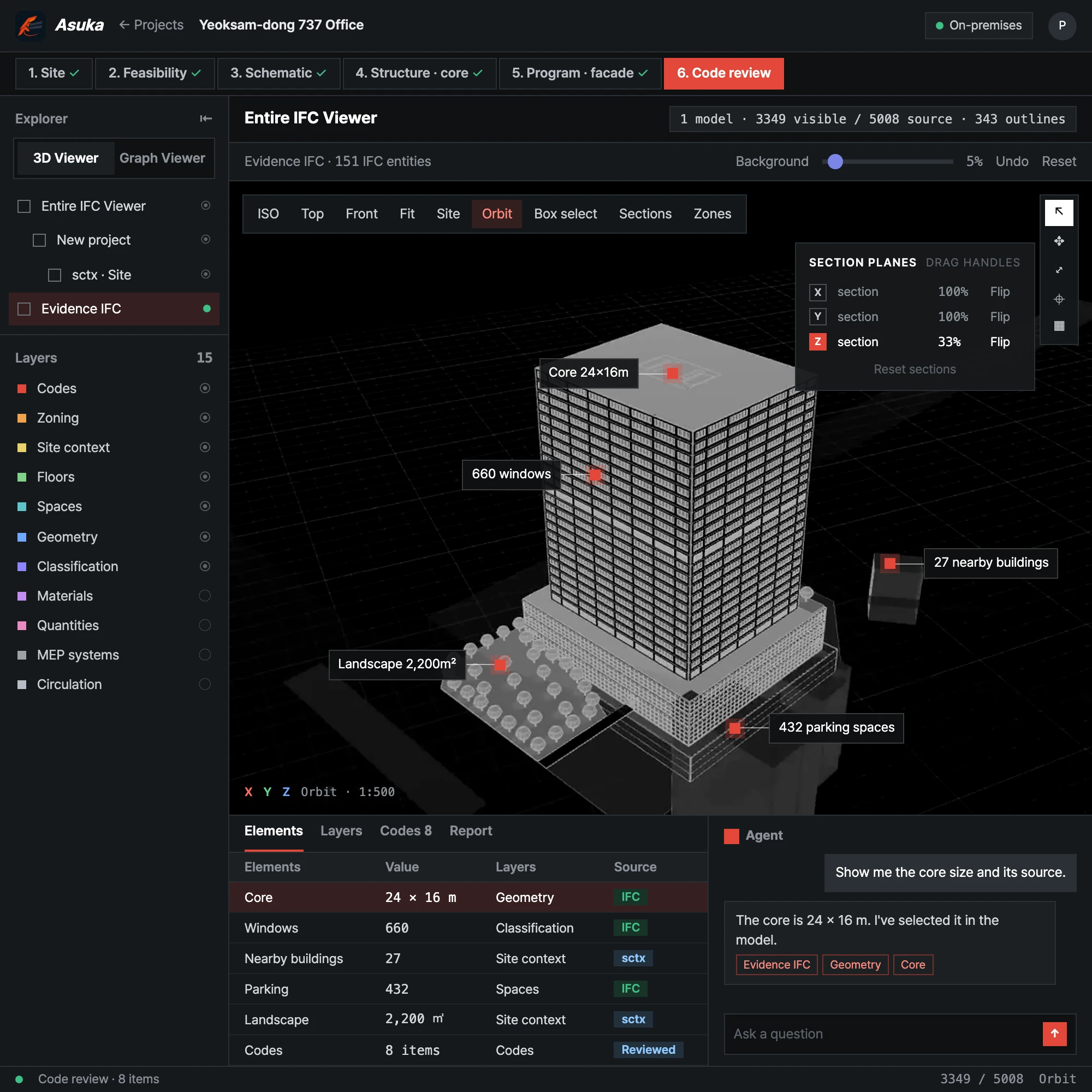 Asuka IFC viewer in dark mode: office building model, section planes, element table and agent
