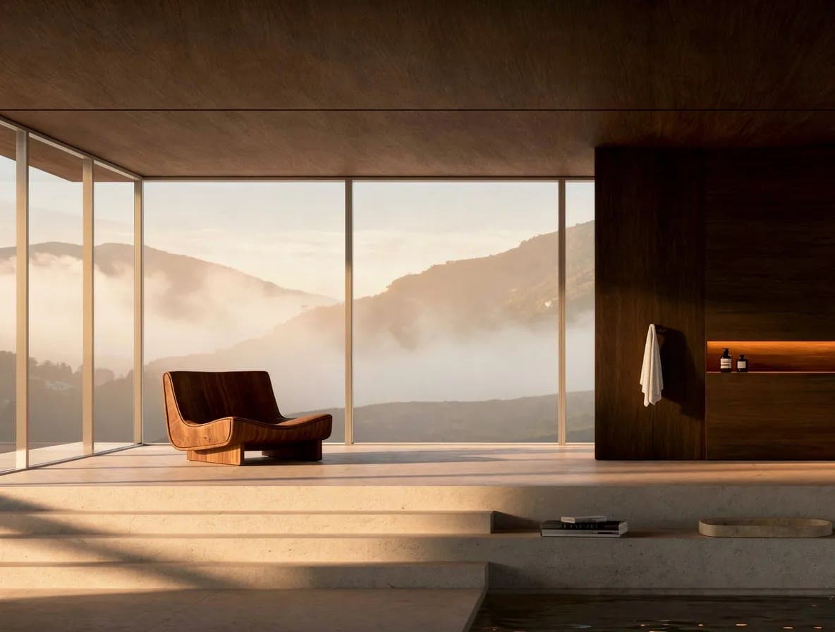 Rendered view from inside a unit, looking out at the mountains
