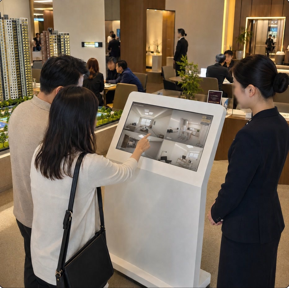 A sales gallery visitor reviewing interior designs on a touch kiosk