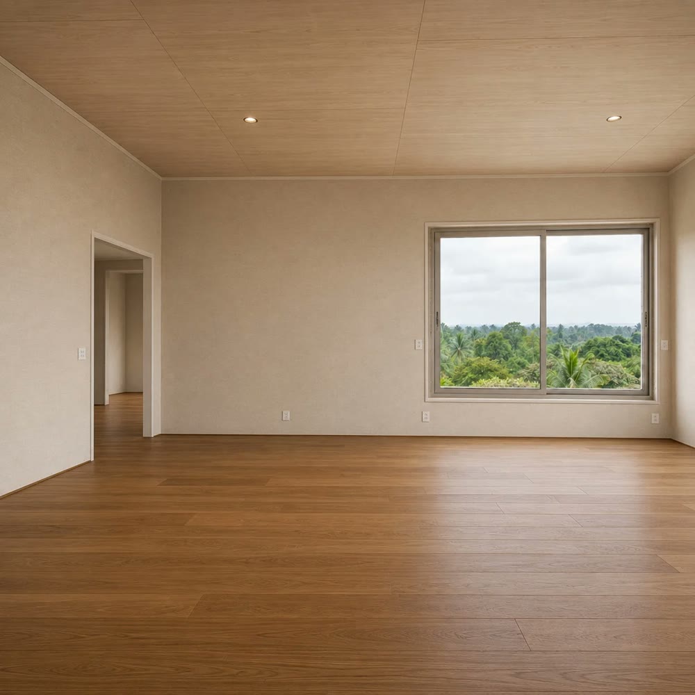 Empty living room in Warm Oak