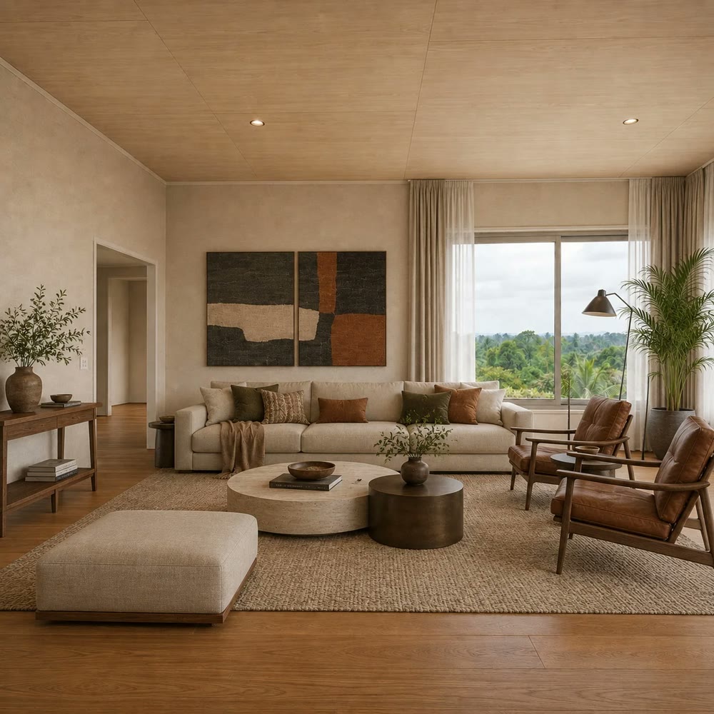Furnished living room in Warm Oak