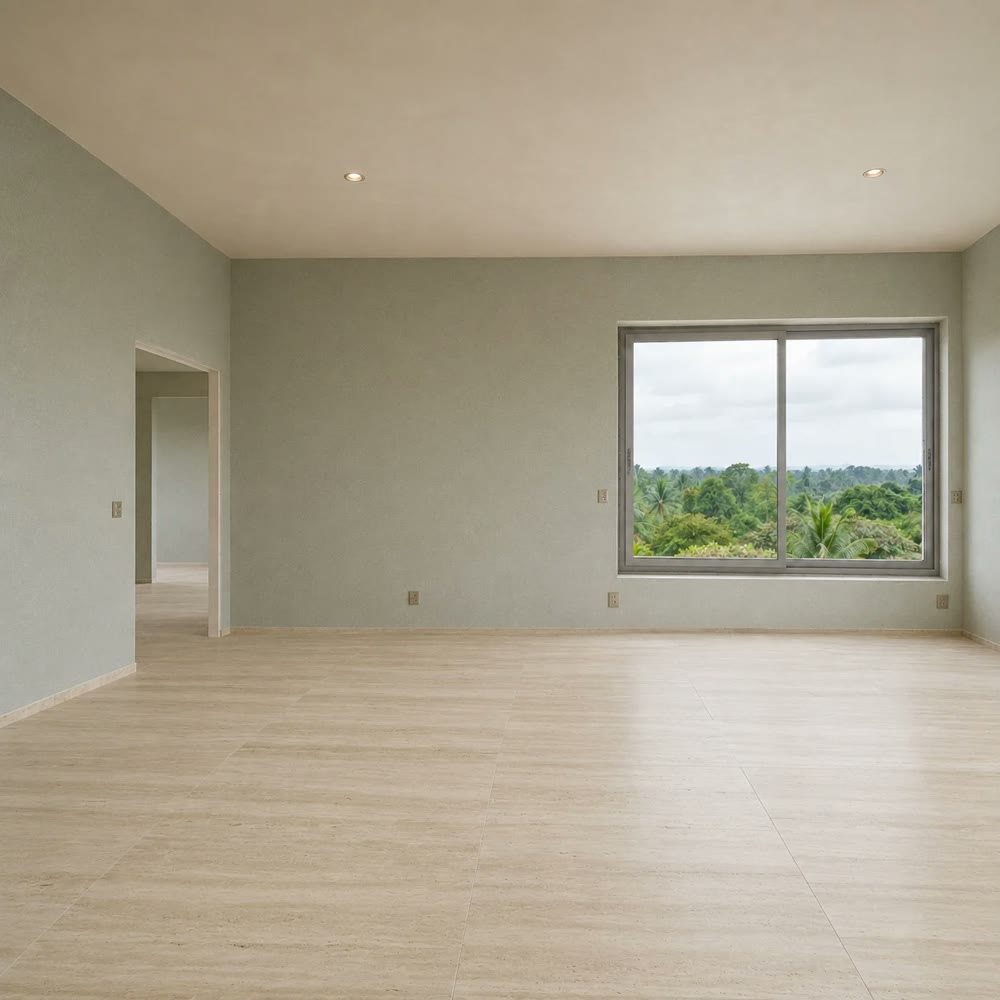 Empty living room in Sage Travertine