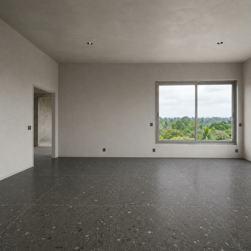 Empty living room in Graphite Terrazzo