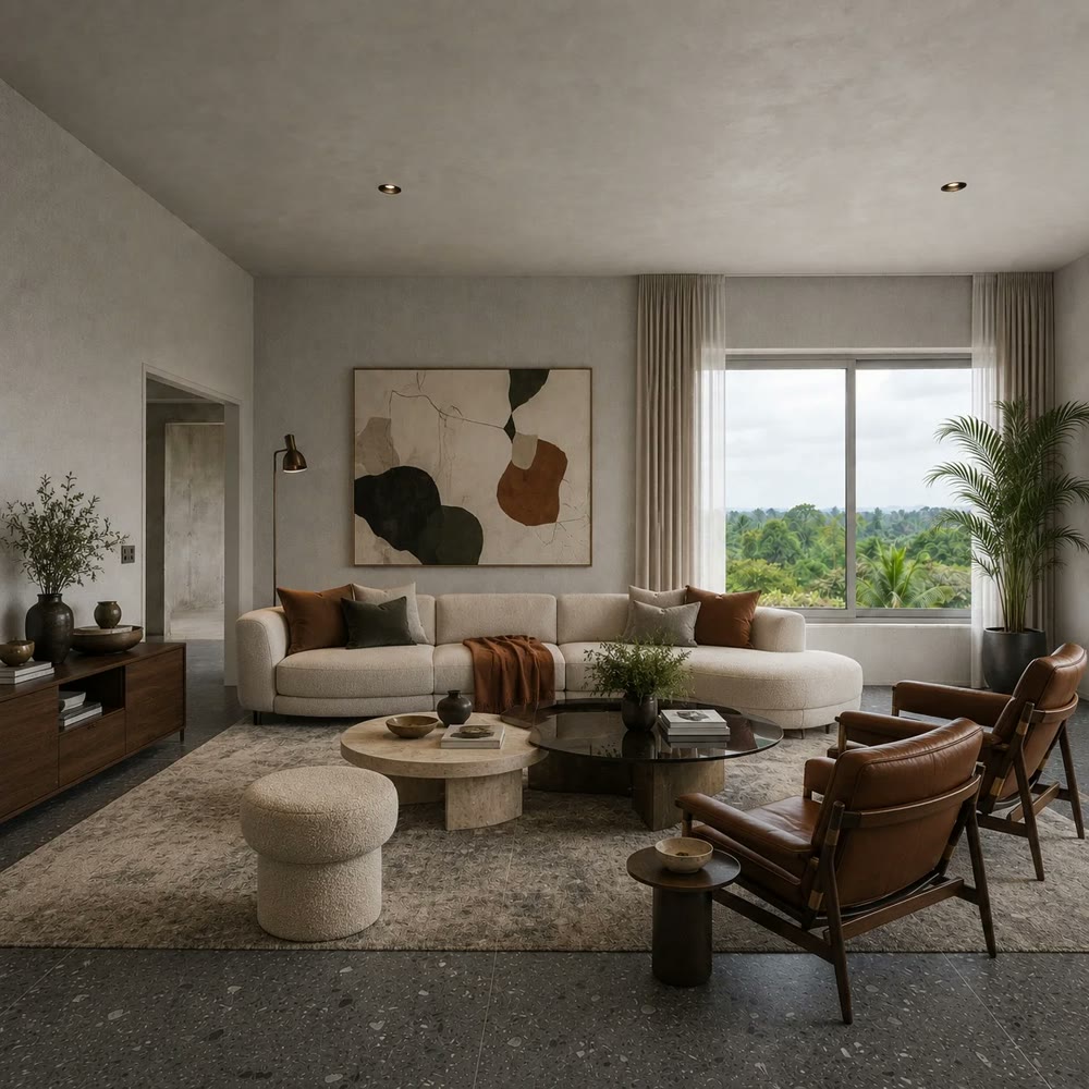 Furnished living room in Graphite Terrazzo
