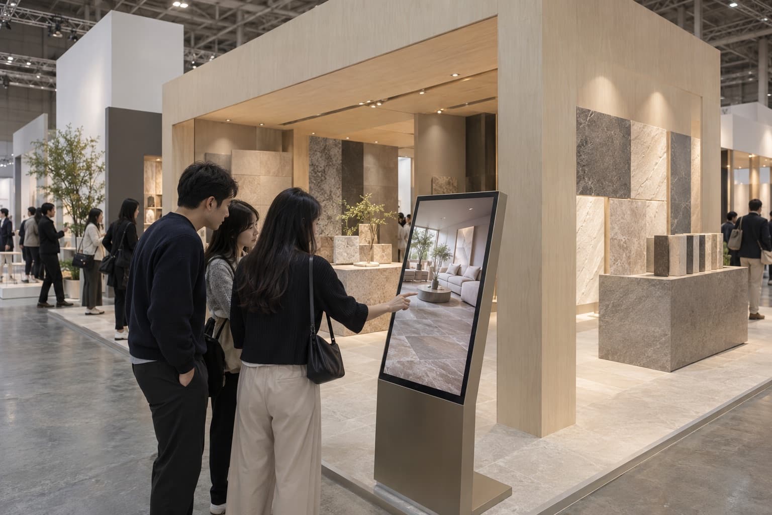 A visitor trying the kiosk at a building materials trade show booth