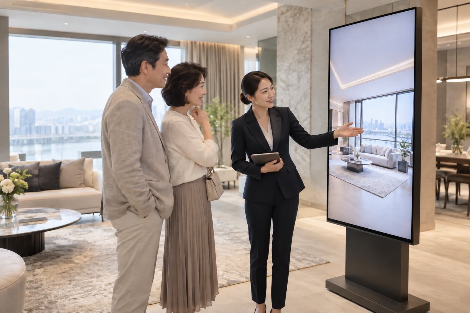 A visitor and a consultant reviewing interior designs on a kiosk at a sales gallery
