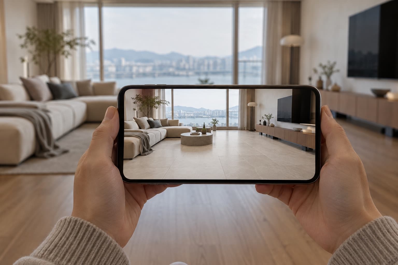 Someone at home trying new floor tiles on a phone photo of their living room