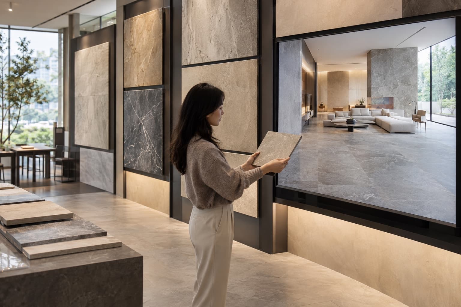 Comparing material samples with a room shown on a large screen in a showroom
