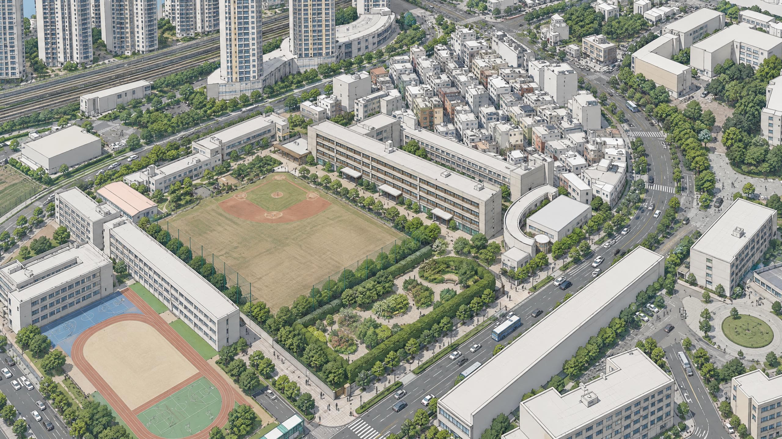 행당 마음치유학교 대상지에 놓은 플랜바이 AI 컨셉 '정원을 품은 조용한 문'을 하늘에서 본 조감도