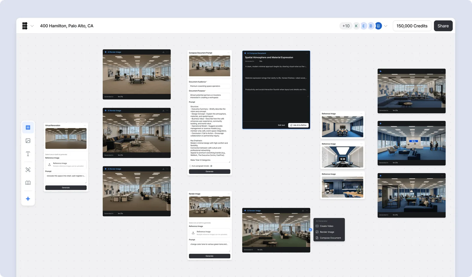 Plana workspace with AI Render Image, Virtual Renovation and Compose Document nodes on one canvas