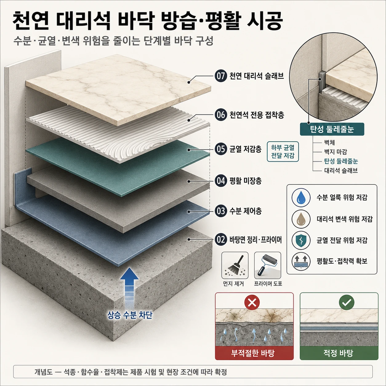 콘크리트 바닥부터 수분 제어층, 평활층, 균열 저감층, 접착층과 대리석까지 분해한 바닥 시공 다이어그램