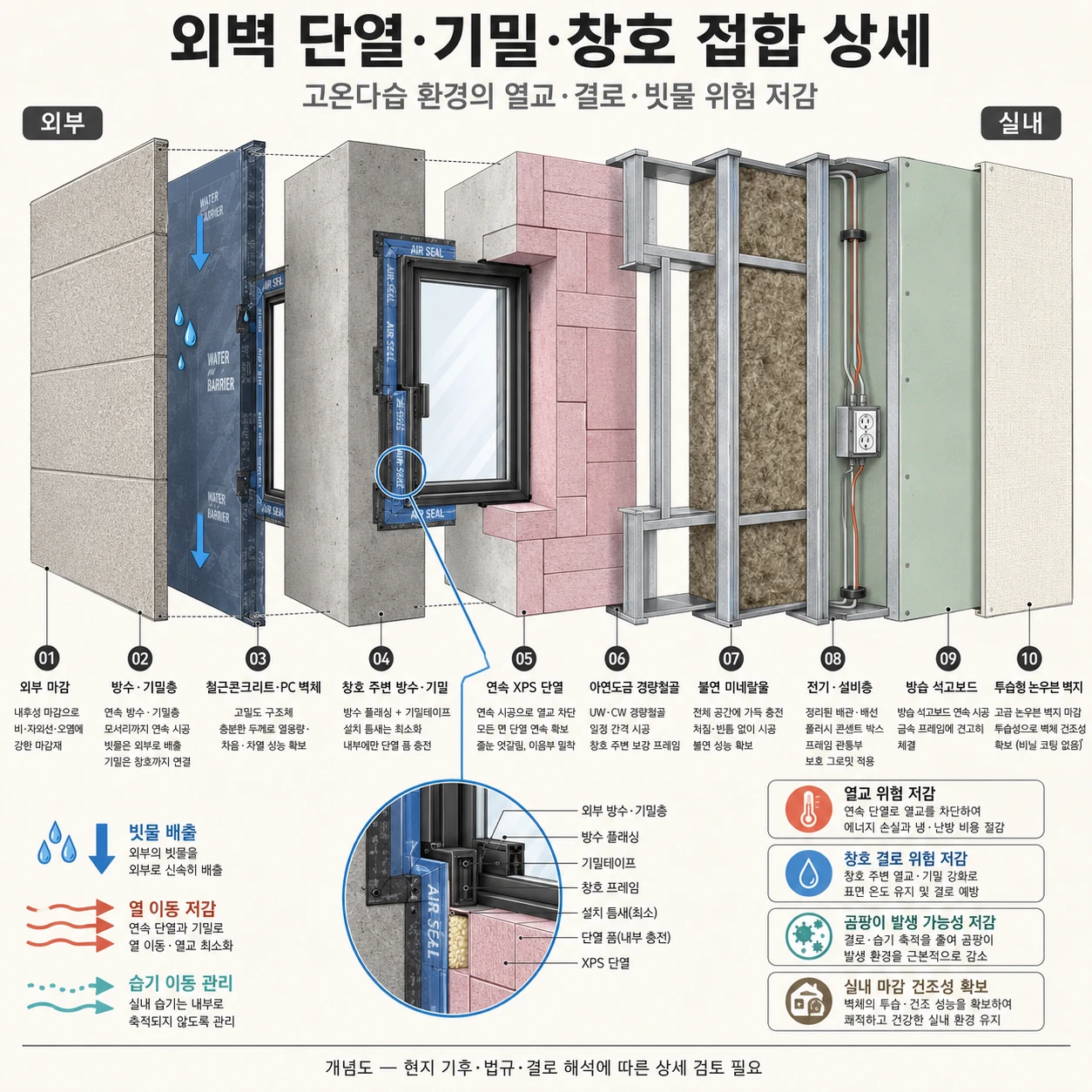 외벽 마감부터 방수 기밀층, 콘크리트 벽체, 단열, 프레임과 내장 마감까지 분해한 창호 접합 다이어그램